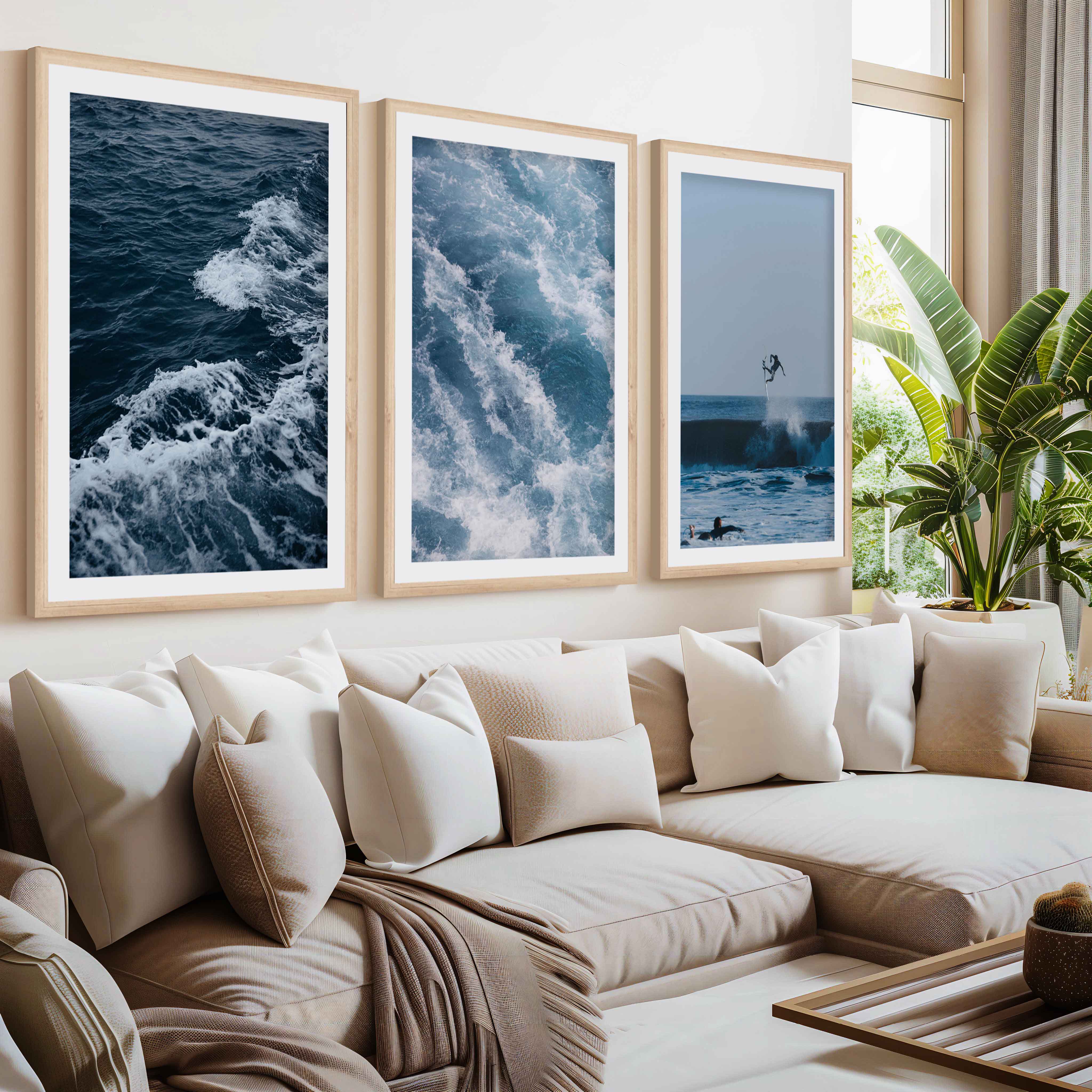 Ocean Coastal Wall Art – Surf & Wave Photography Trio- Natural Wood Framed Poster with White Border - Artworksets