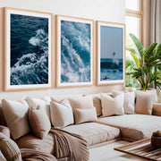 Ocean Coastal Wall Art – Surf & Wave Photography Trio- Natural Wood Framed Poster with White Border - Artworksets