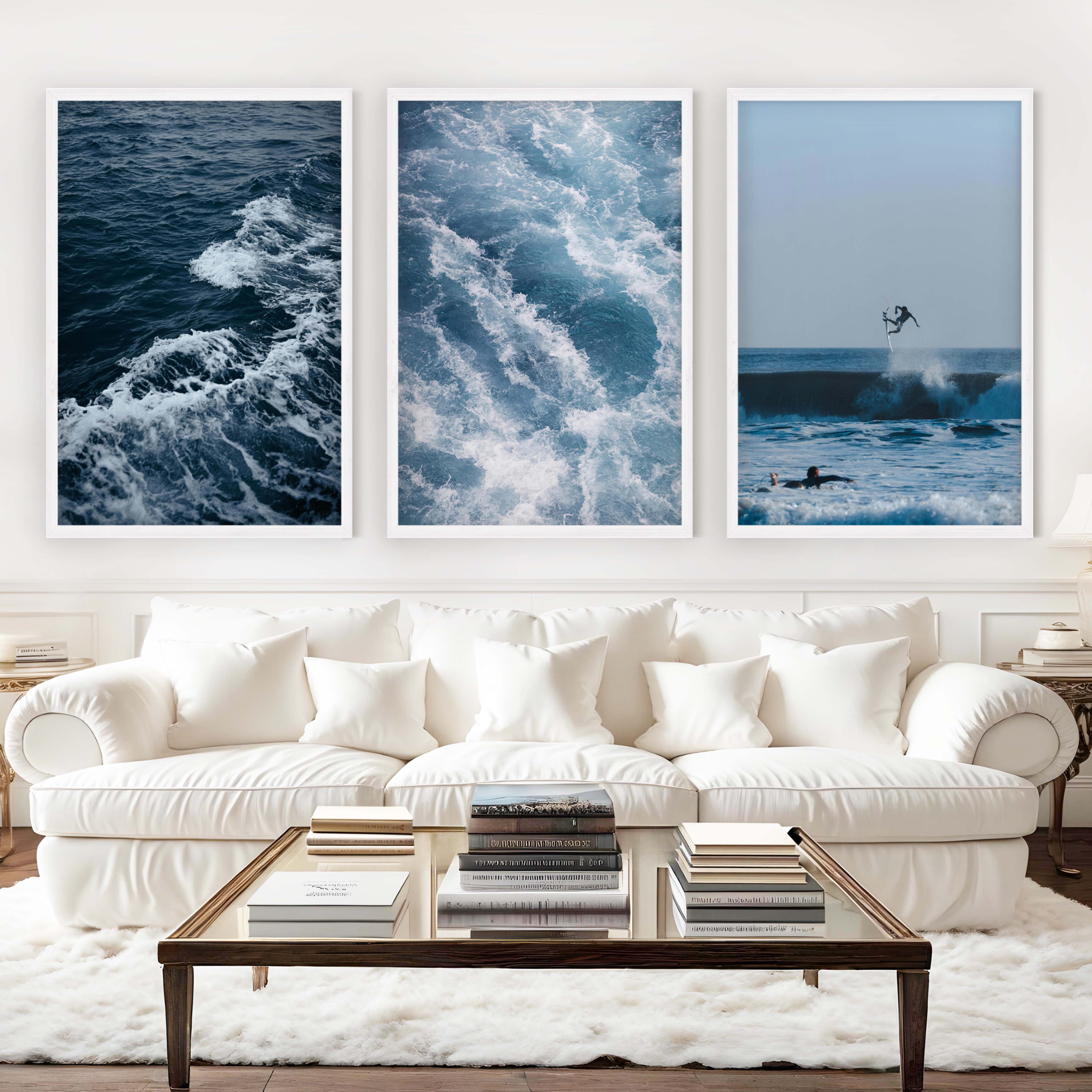 Ocean Coastal Wall Art – Surf & Wave Photography Trio - White Framed Poster No Border - Artworksets