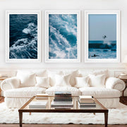 Ocean Coastal Wall Art – Surf & Wave Photography Trio - White Framed Poster with White Border - Artworksets