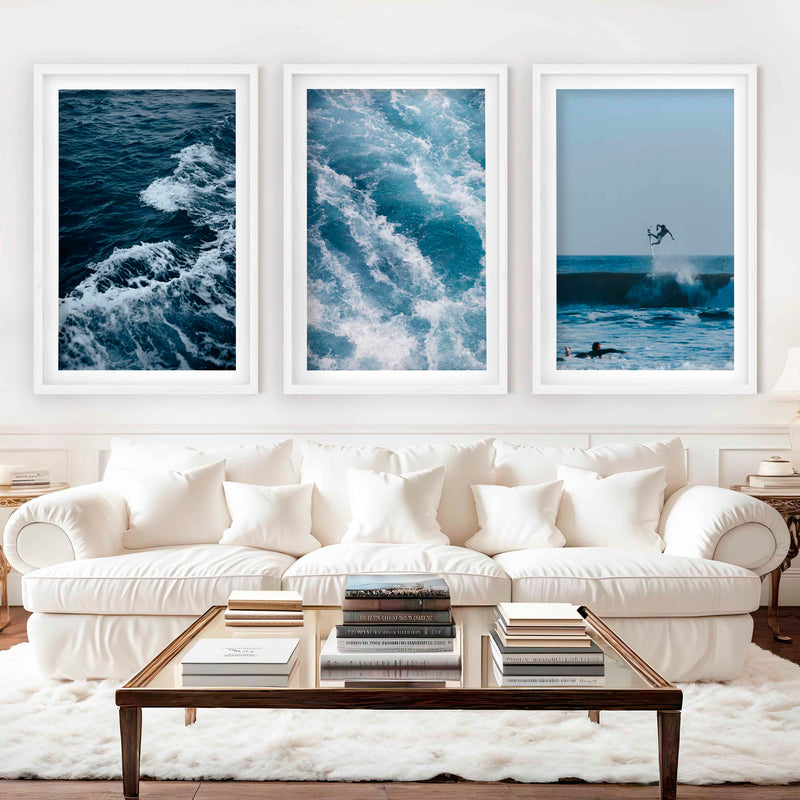 Ocean Coastal Wall Art – Surf & Wave Photography Trio - White Framed Poster with White Border - Artworksets