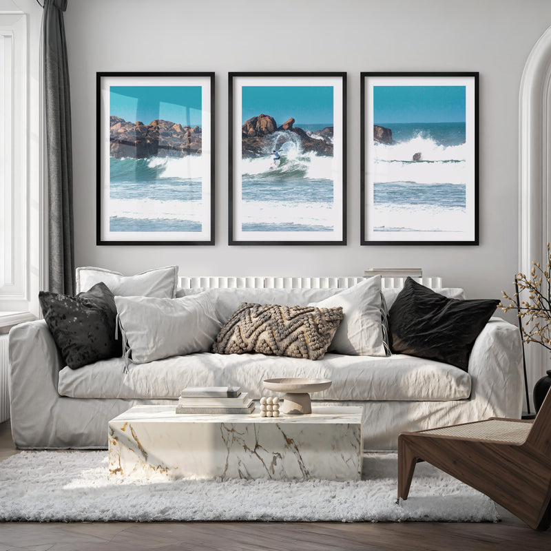 Rocky Surf Coastal Wall Art Decor - Black Framed Poster with White Border - Artworksets