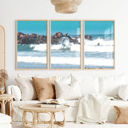 Rocky Surf Coastal Wall Art Decor - Natural Wood Framed Poster No Border - Artworksets