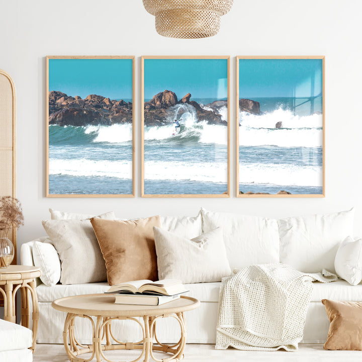 Rocky Surf Coastal Wall Art Decor - Natural Wood Framed Poster No Border - Artworksets