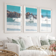 Rocky Surf Coastal Wall Art Decor - White Framed Poster with White Border - Artworksets