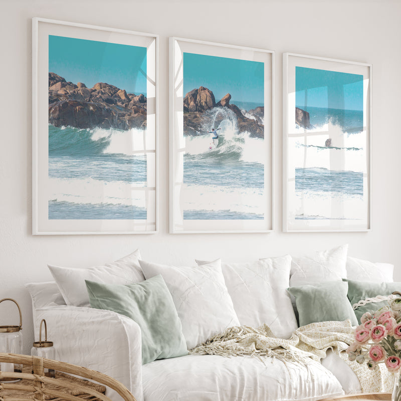 Rocky Surf Coastal Wall Art Decor - White Framed Poster with White Border - Artworksets