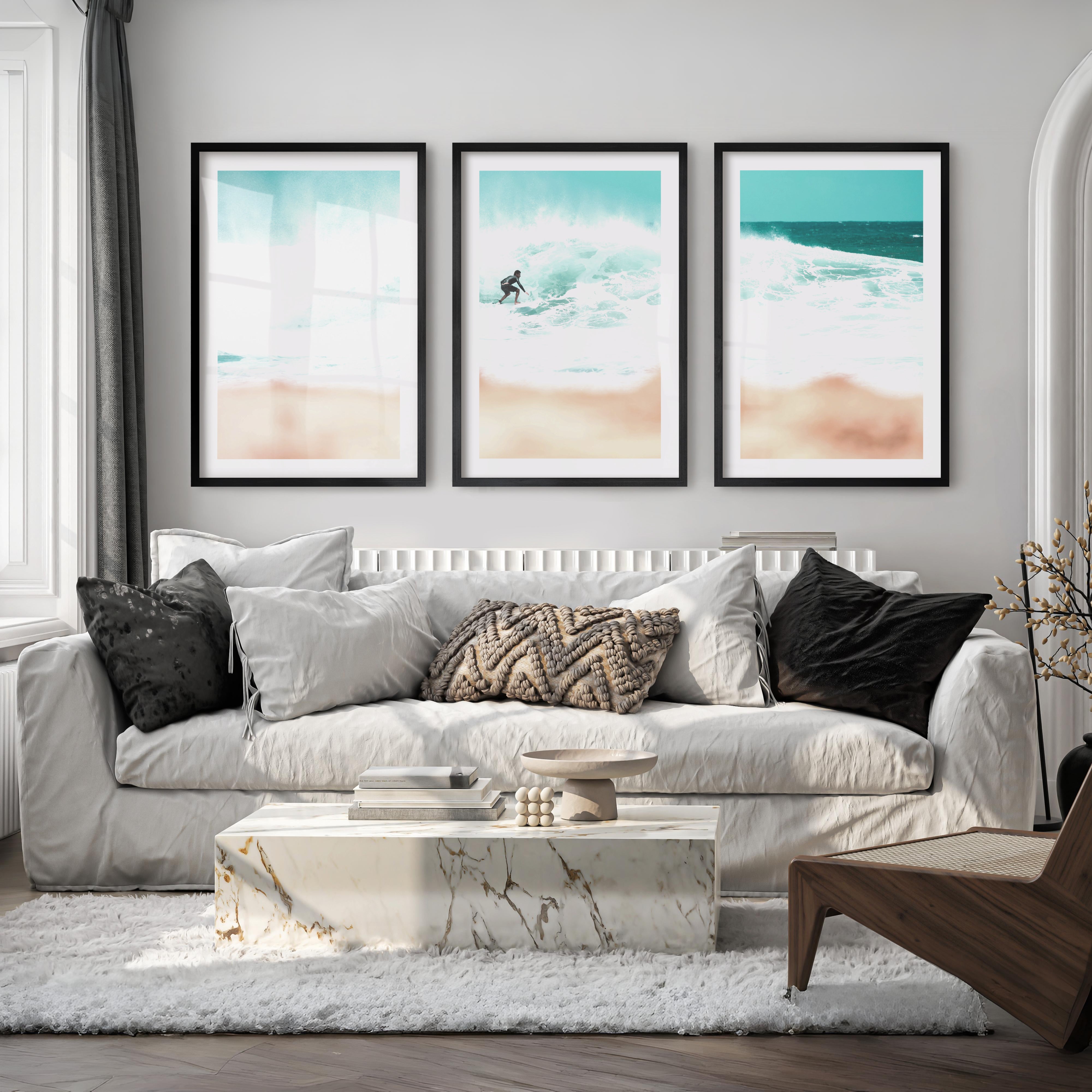 Surfer Wave Coastal Wall Art Framed - Black Framed Poster with White Border - Artworksets