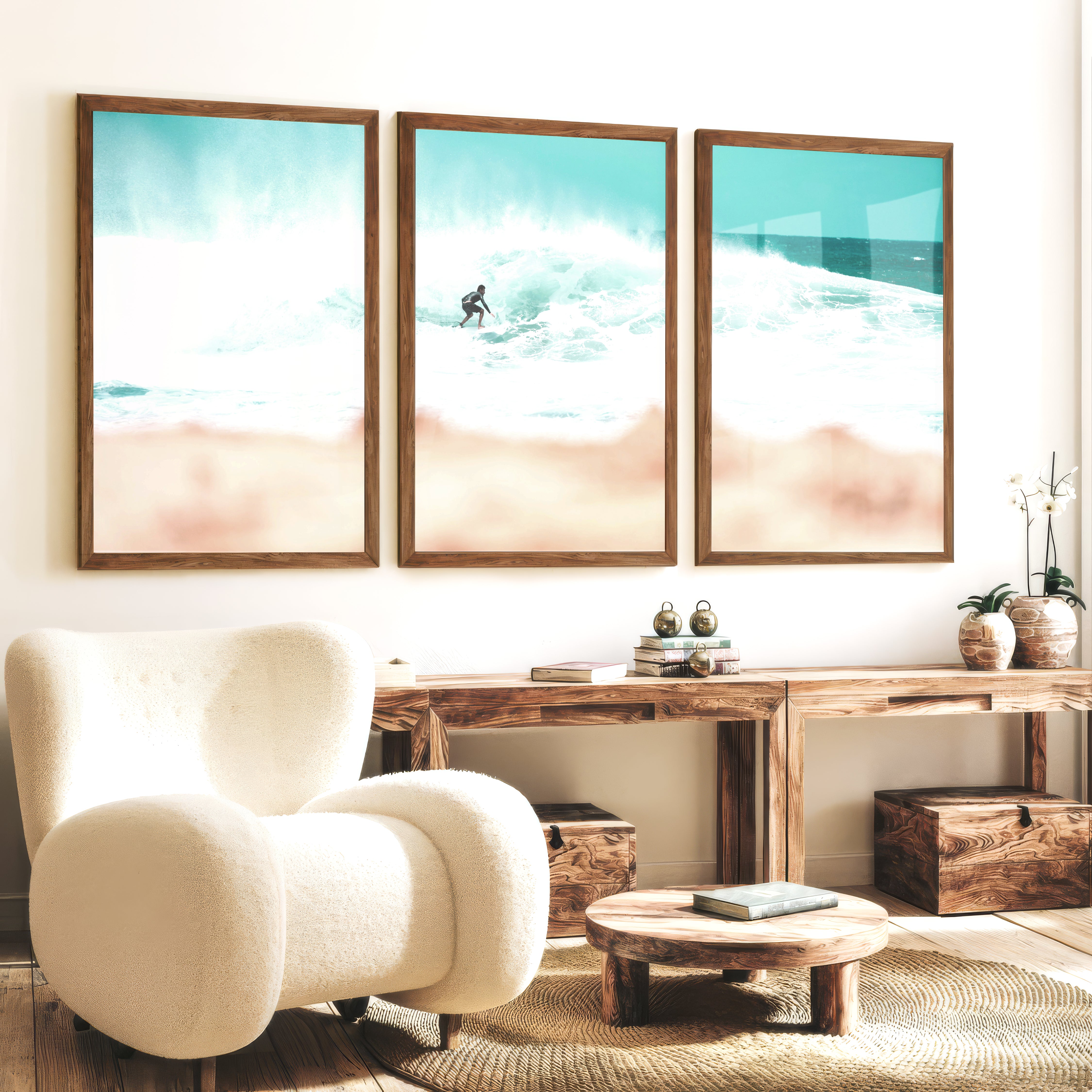 Surfer Wave Coastal Wall Art Framed - Dark Brown Framed Poster No Border - Artworksets