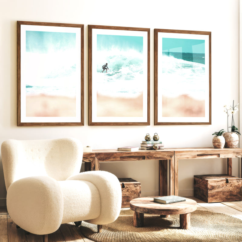 Surfer Wave Coastal Wall Art Framed - Dark Brown Framed Poster with White Border - Artworksets