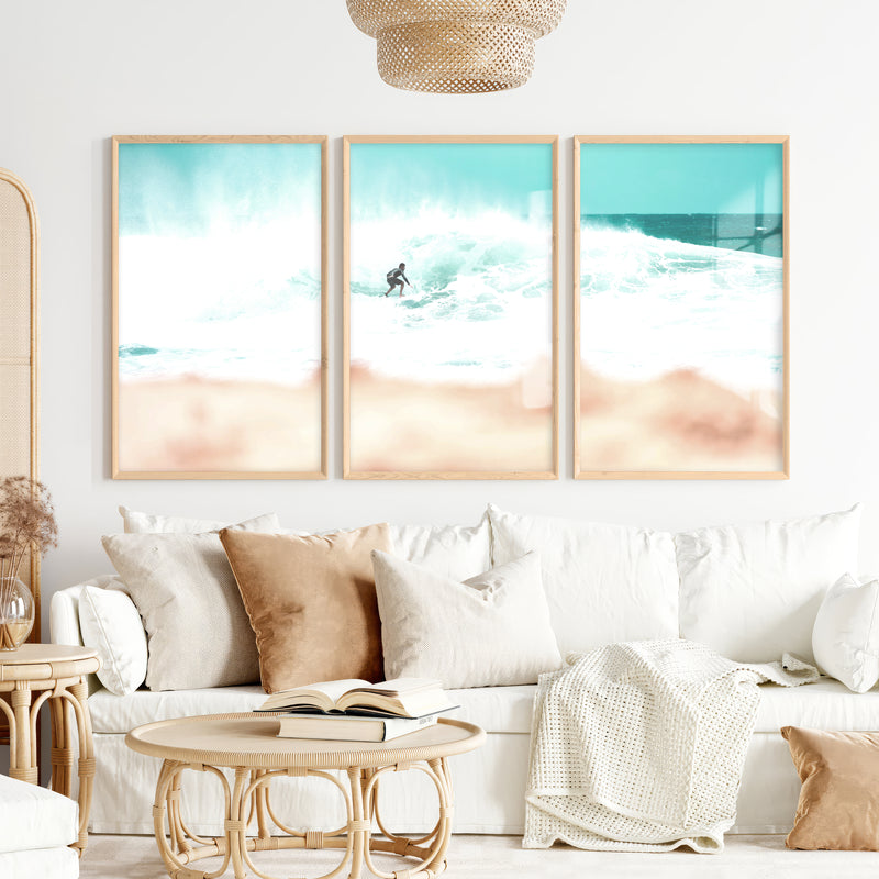 Surfer Wave Coastal Wall Art Framed - Natural Wood Framed Poster No Border - Artworksets
