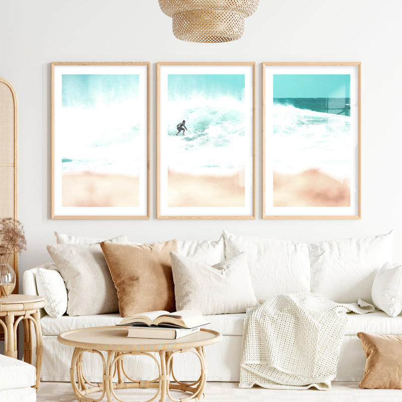 Surfer Wave Coastal Wall Art Framed- Natural Wood Framed Poster with White Border - Artworksets