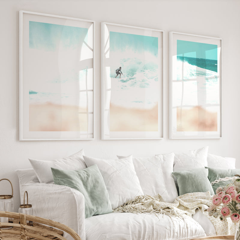 Surfer Wave Coastal Wall Art Framed - White Framed Poster with White Border - Artworksets