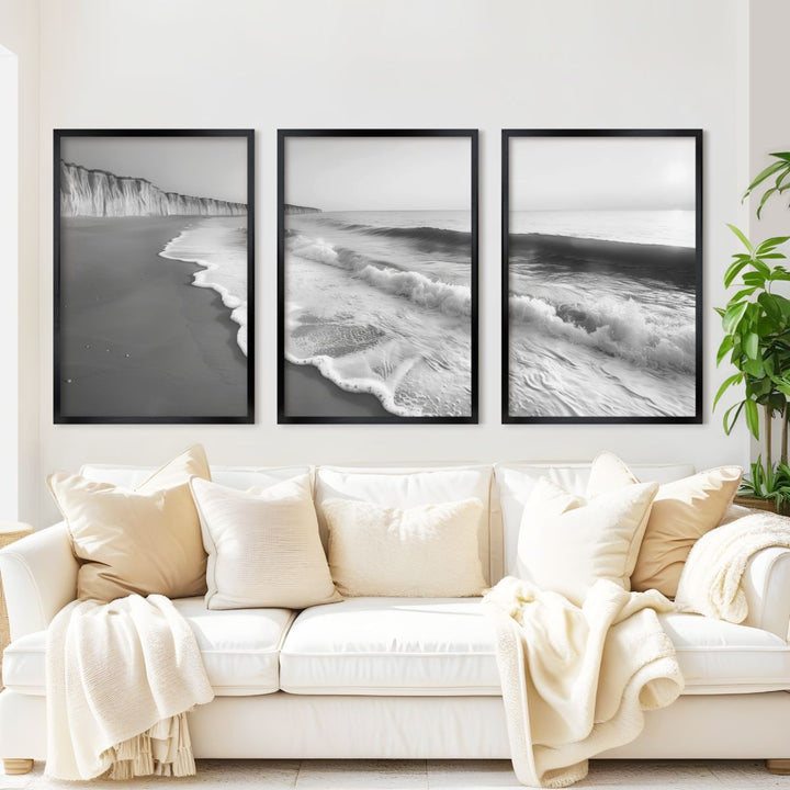 Coastal Wall Art – Black and White Ocean Waves and Cliffs - Black Framed Poster No Border - Artworksets