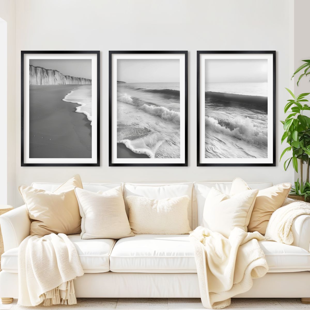 Coastal Wall Art – Black and White Ocean Waves and Cliffs - Black Framed Poster with White Border - Artworksets