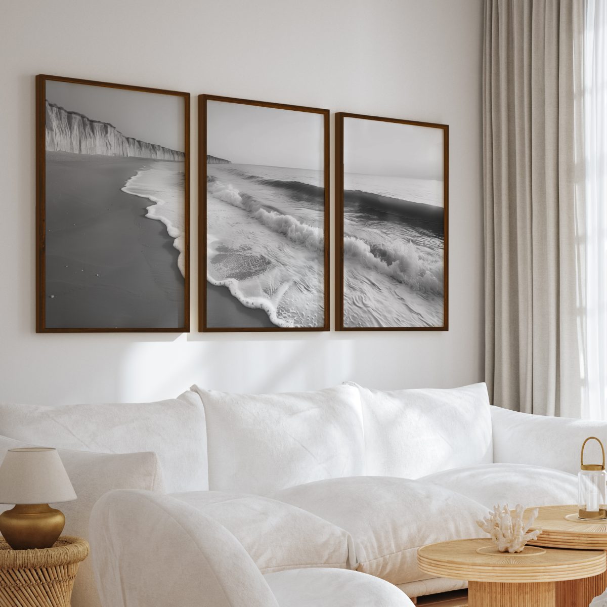 Coastal Wall Art – Black and White Ocean Waves and Cliffs - Dark Brown Framed Poster No Border - Artworksets