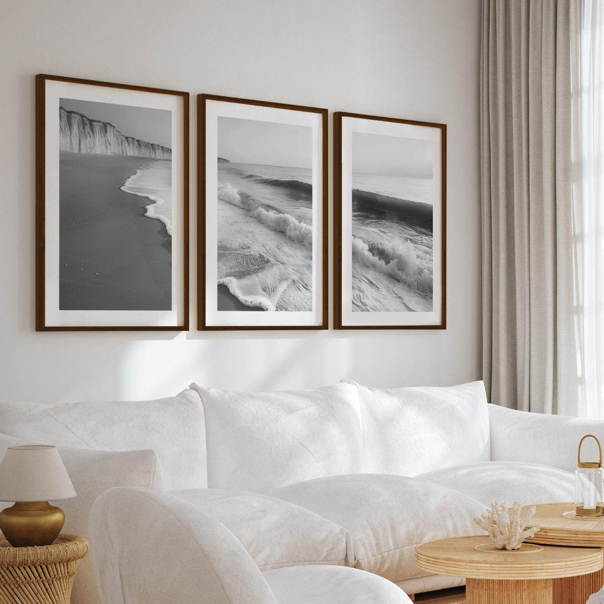 Coastal Wall Art – Black and White Ocean Waves and Cliffs - Dark Brown Framed Poster with White Border - Artworksets