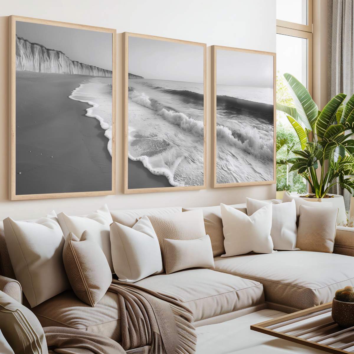 Coastal Wall Art – Black and White Ocean Waves and Cliffs - Natural Wood Framed Poster No Border - Artworksets