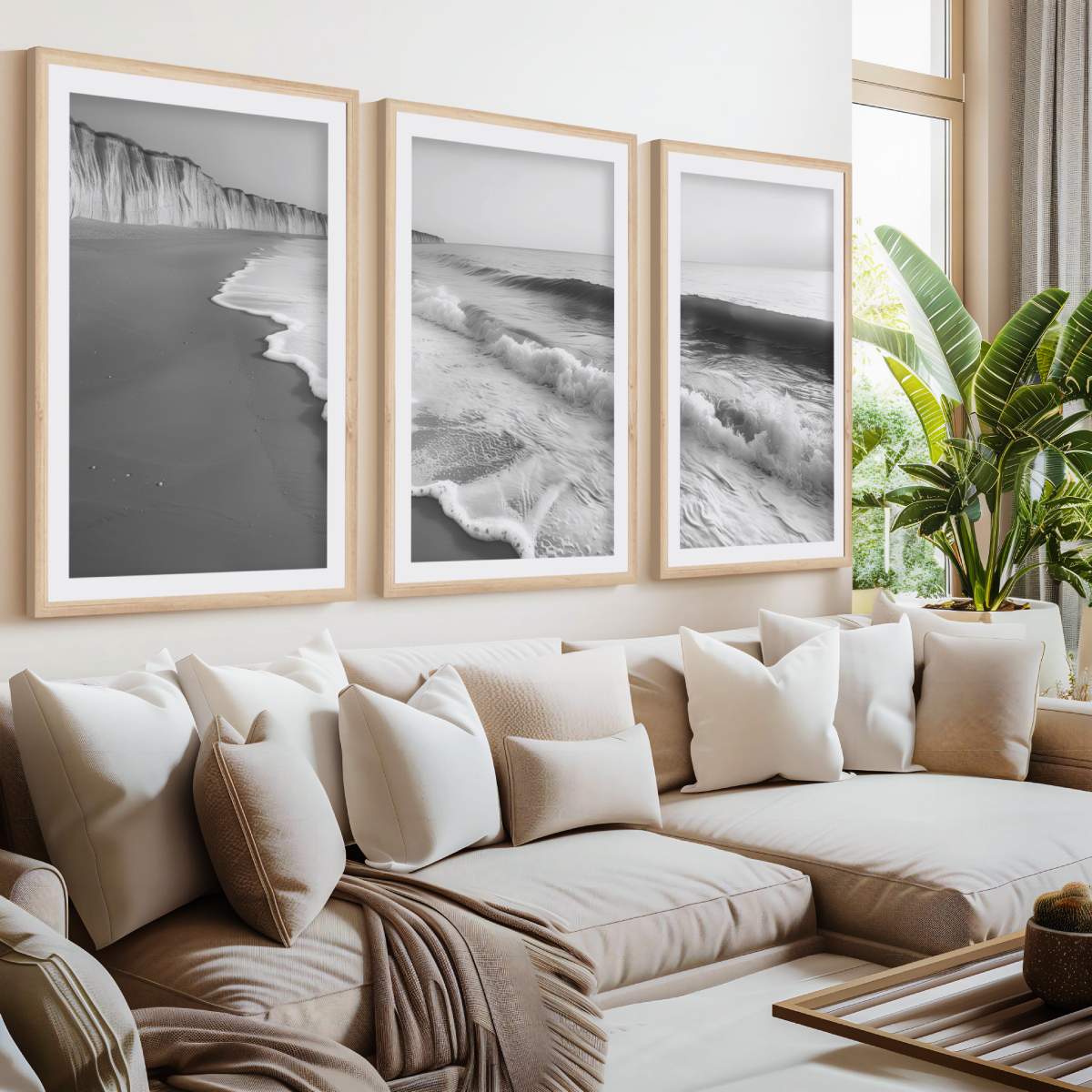 Coastal Wall Art – Black and White Ocean Waves and Cliffs- Natural Wood Framed Poster with White Border - Artworksets