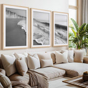 Coastal Wall Art – Black and White Ocean Waves and Cliffs- Natural Wood Framed Poster with White Border - Artworksets