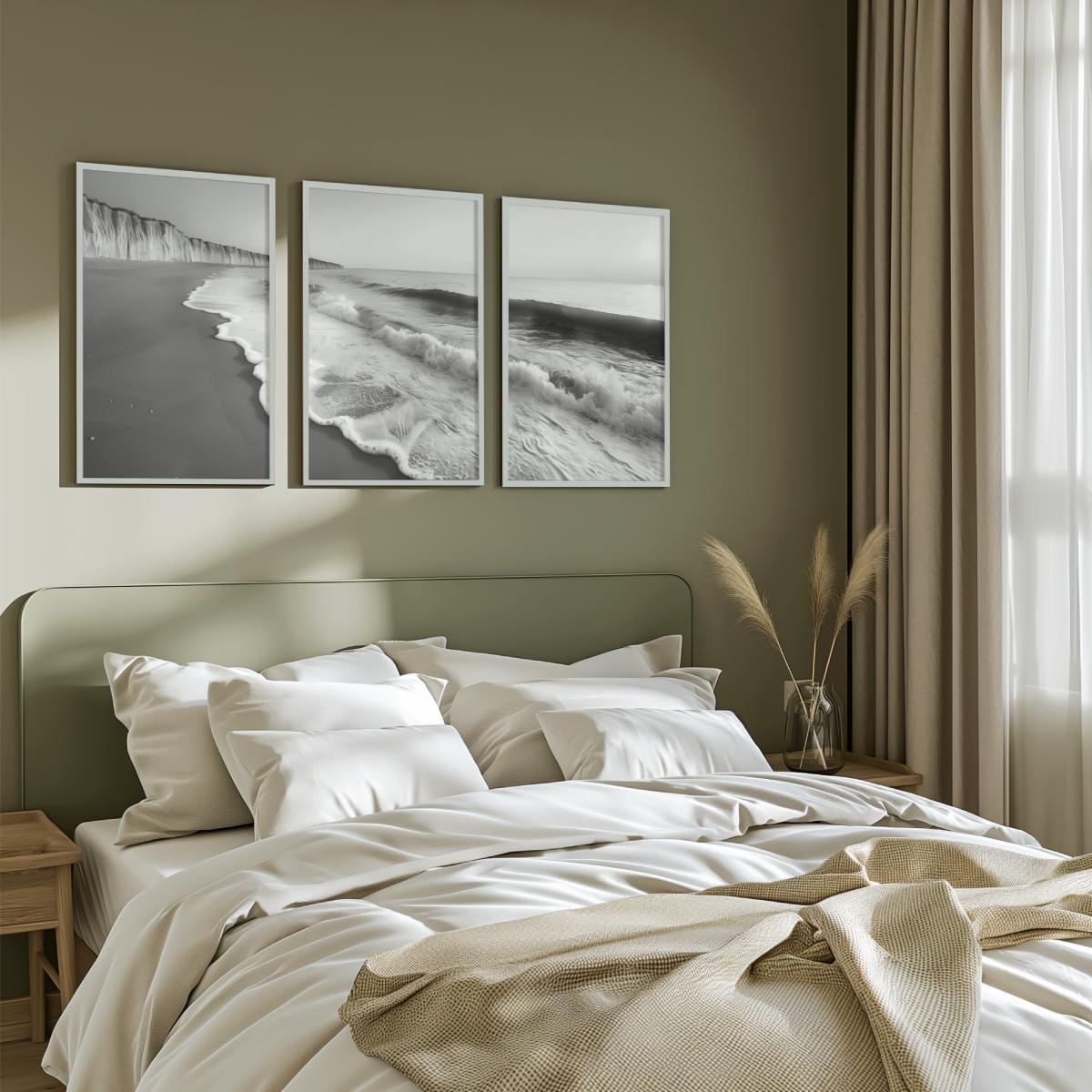 Coastal Wall Art – Black and White Ocean Waves and Cliffs - White Framed Poster No Border - Artworksets