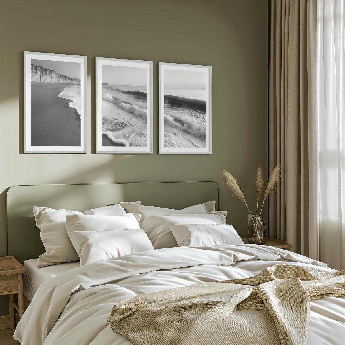 Coastal Wall Art – Black and White Ocean Waves and Cliffs - White Framed Poster with White Border - Artworksets