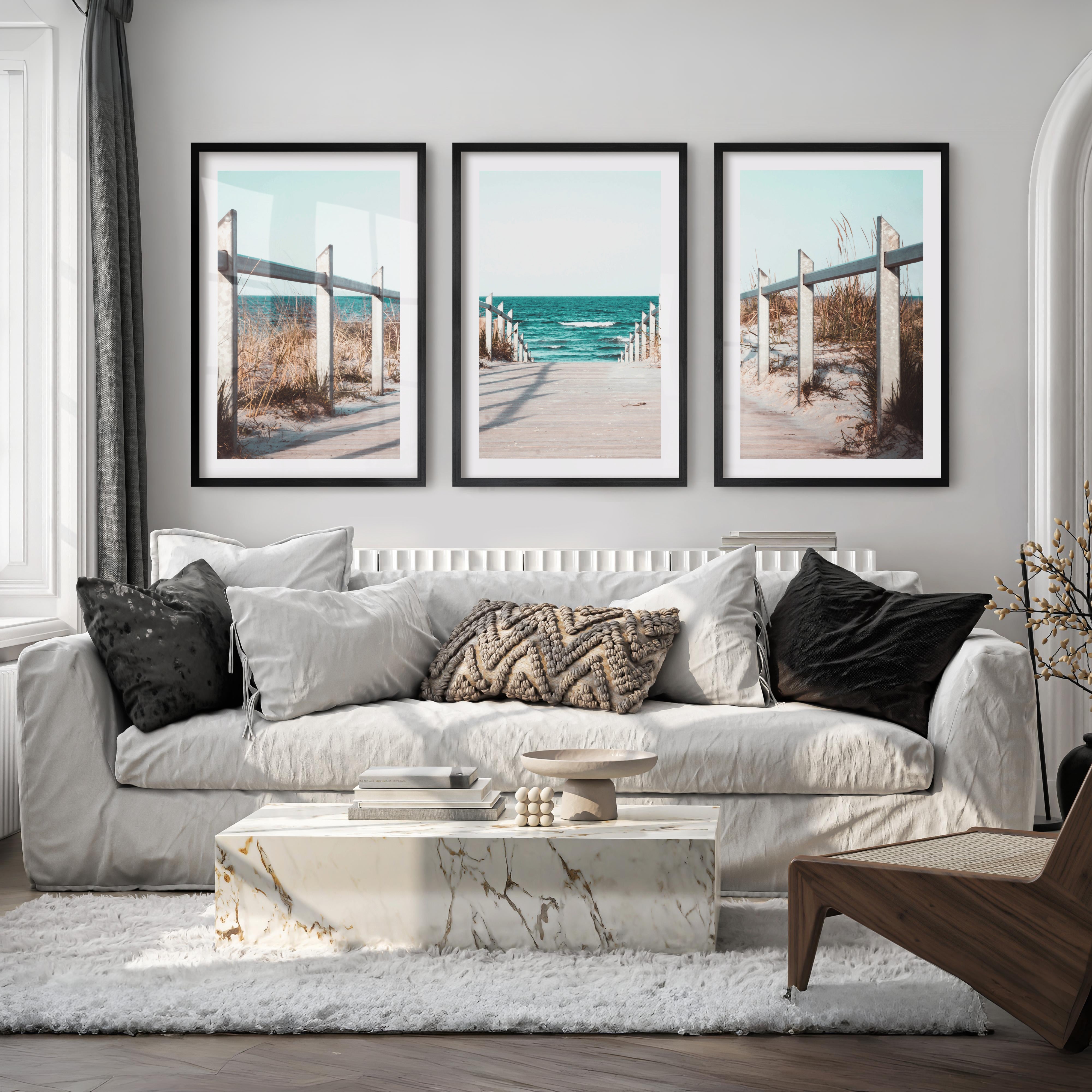 Beach Boardwalk Coastal Wall Art Prints - Black Framed Poster with White Border - Artworksets