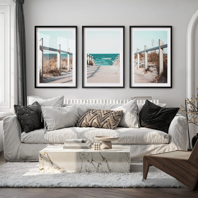 Beach Boardwalk Coastal Wall Art Prints - Black Framed Poster with White Border - Artworksets
