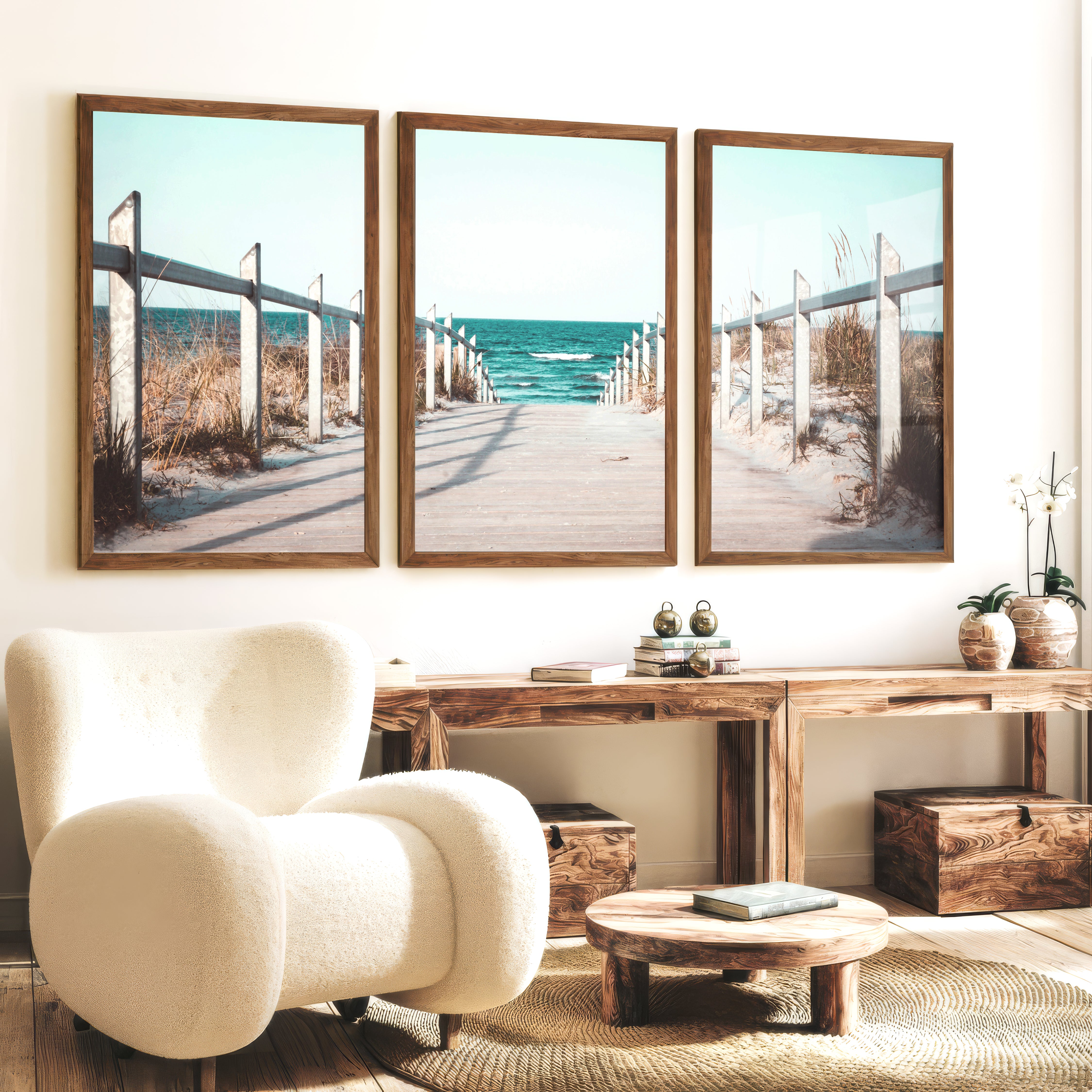 Beach Boardwalk Coastal Wall Art Prints - Dark Brown Framed Poster No Border - Artworksets