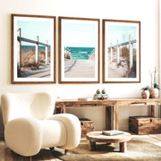 Beach Boardwalk Coastal Wall Art Prints - Dark Brown Framed Poster with White Border - Artworksets