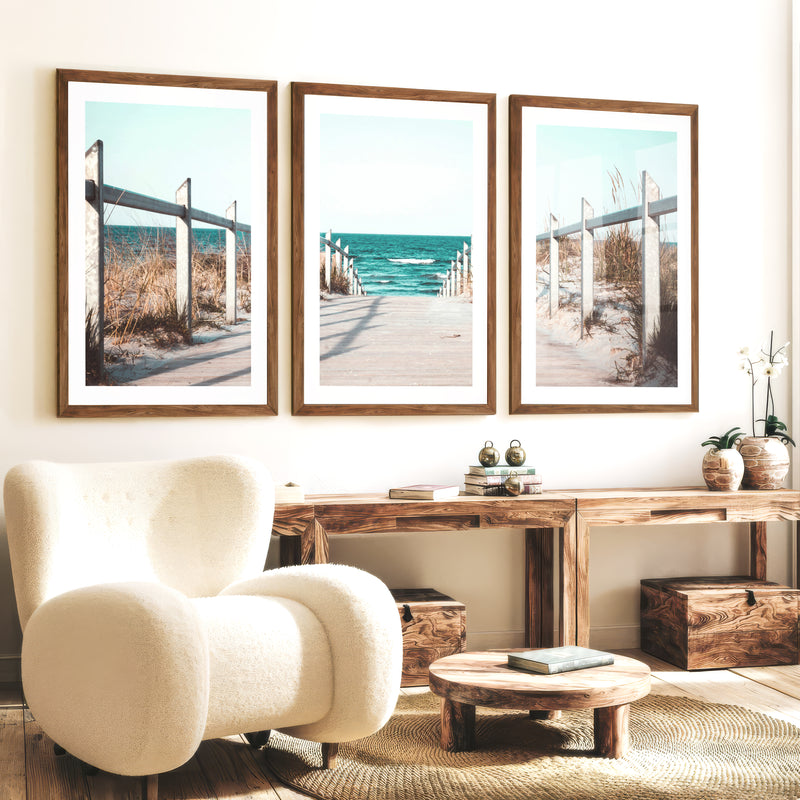 Beach Boardwalk Coastal Wall Art Prints - Dark Brown Framed Poster with White Border - Artworksets