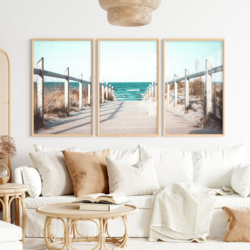 Beach Boardwalk Coastal Wall Art Prints - Natural Wood Framed Poster No Border - Artworksets