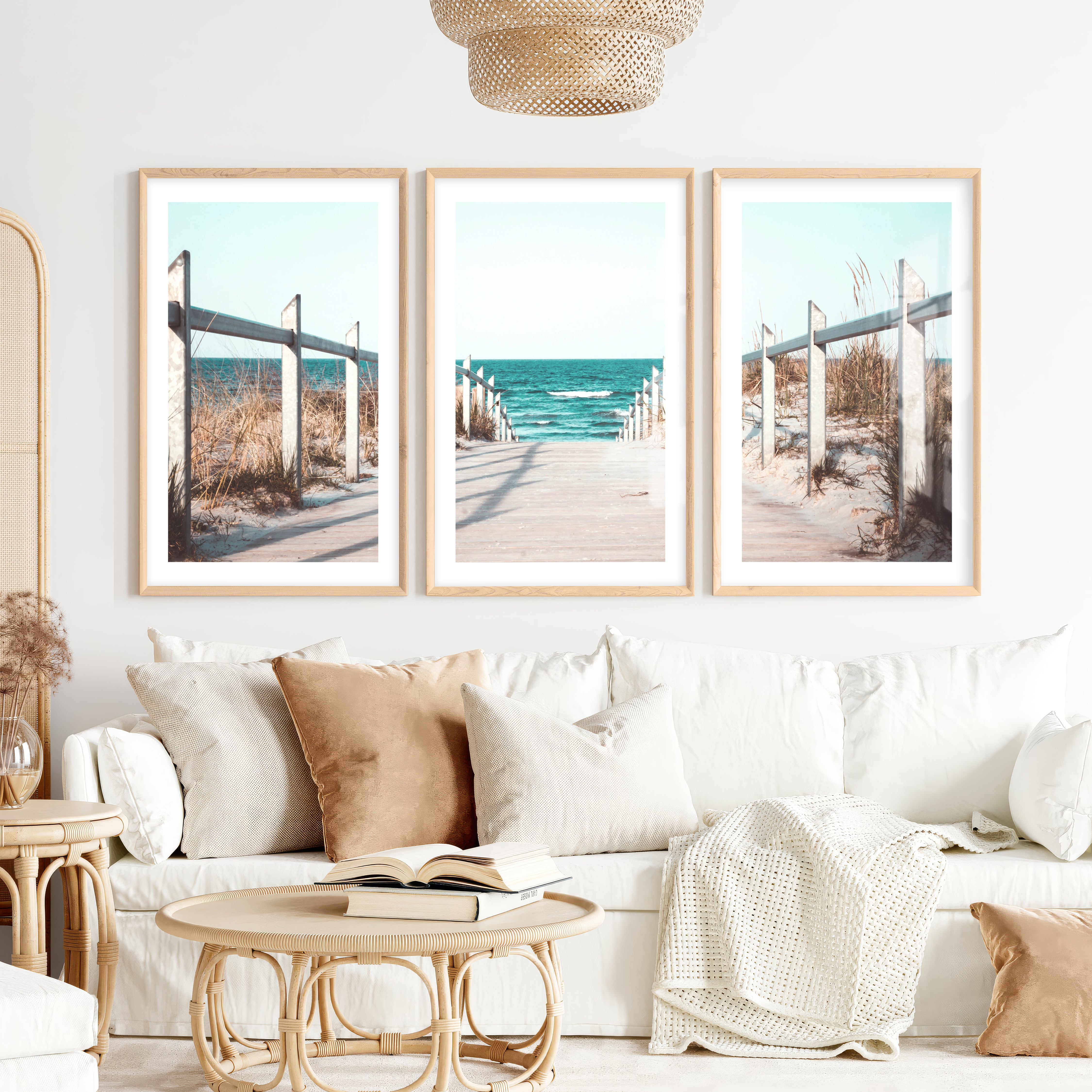 Beach Boardwalk Coastal Wall Art Prints- Natural Wood Framed Poster with White Border - Artworksets