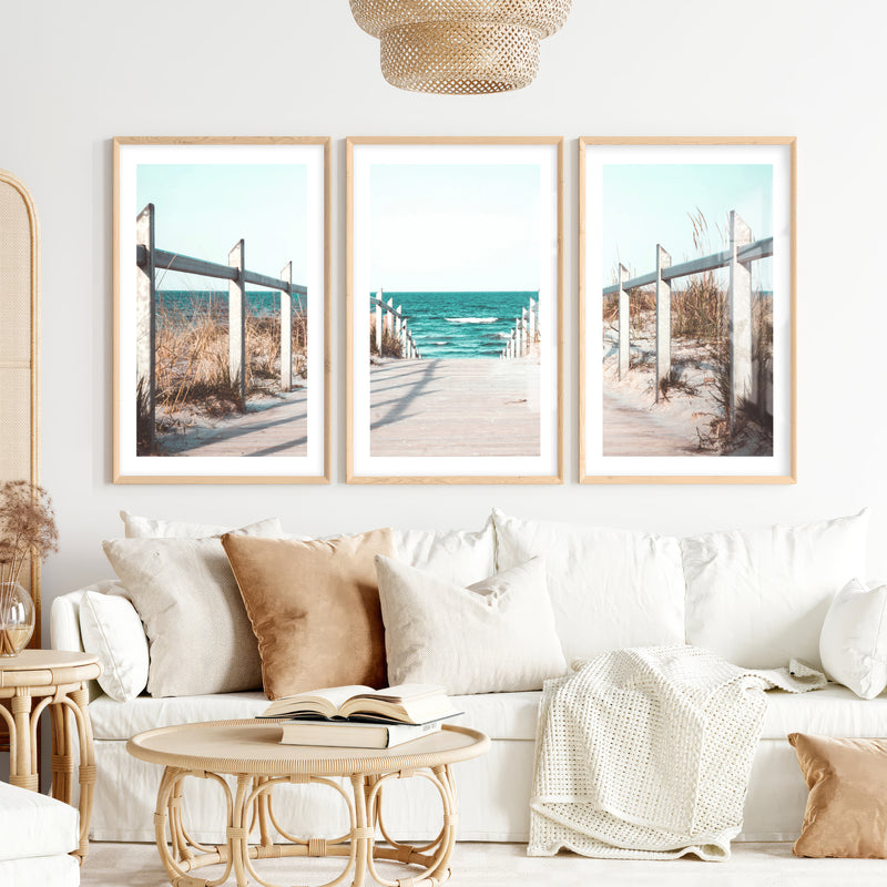 Beach Boardwalk Coastal Wall Art Prints- Natural Wood Framed Poster with White Border - Artworksets