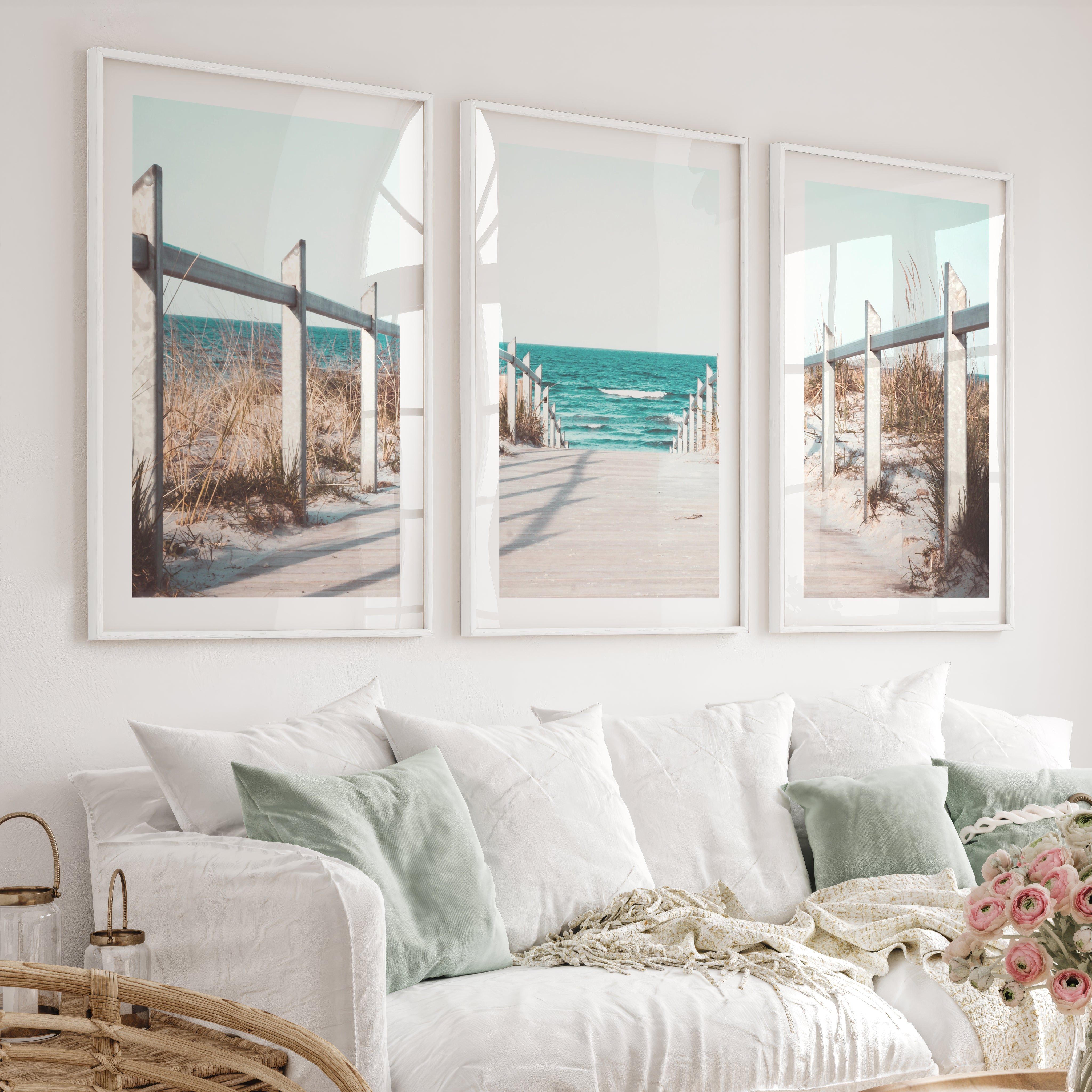 Beach Boardwalk Coastal Wall Art Prints - White Framed Poster with White Border - Artworksets
