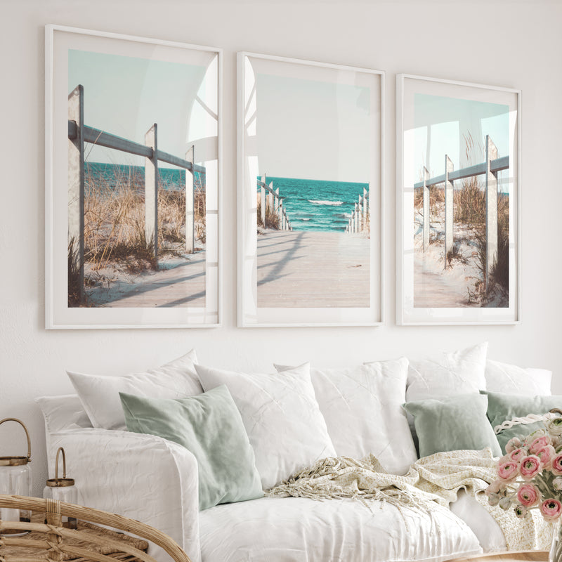 Beach Boardwalk Coastal Wall Art Prints - White Framed Poster with White Border - Artworksets