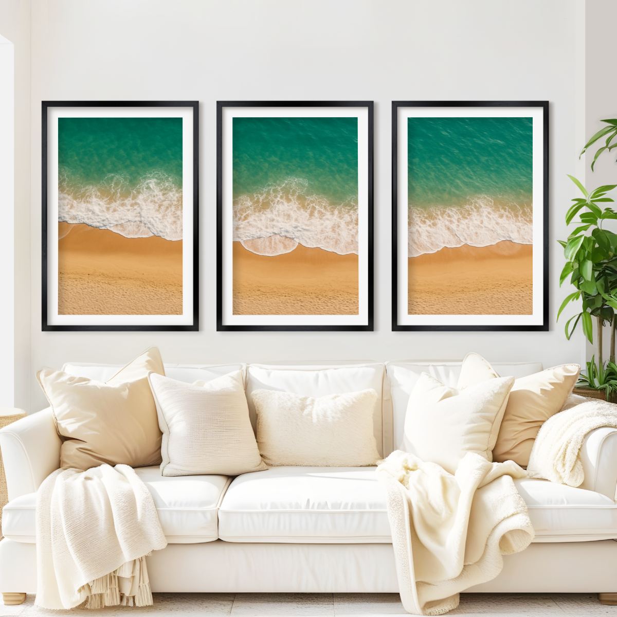 Coastal Wall Art Prints – Ocean Shoreline from Above - Black Framed Poster with White Border - Artworksets