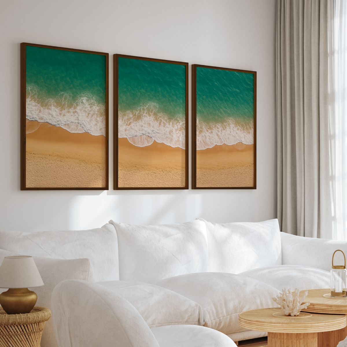 Coastal Wall Art Prints – Ocean Shoreline from Above - Dark Brown Framed Poster No Border - Artworksets