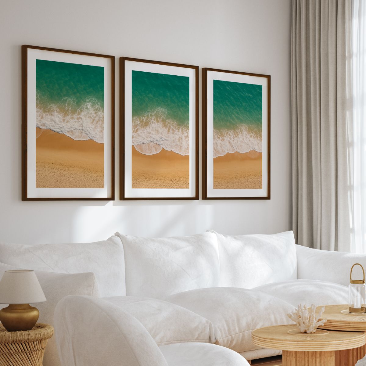 Coastal Wall Art Prints – Ocean Shoreline from Above - Dark Brown Framed Poster with White Border - Artworksets