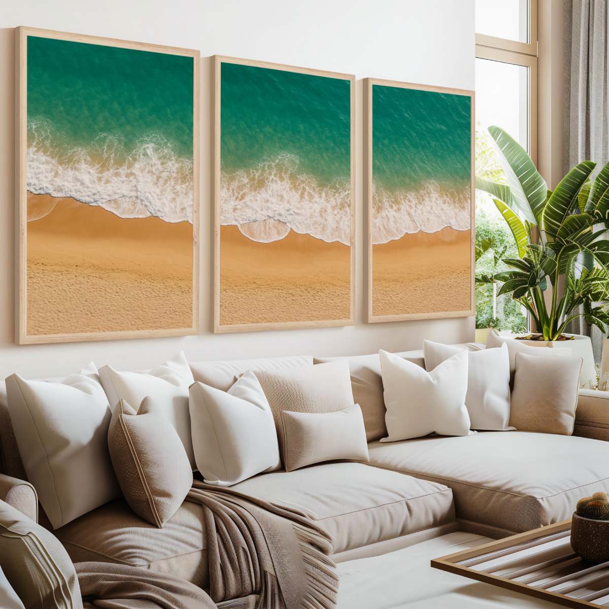 Coastal Wall Art Prints – Ocean Shoreline from Above - Natural Wood Framed Poster No Border - Artworksets