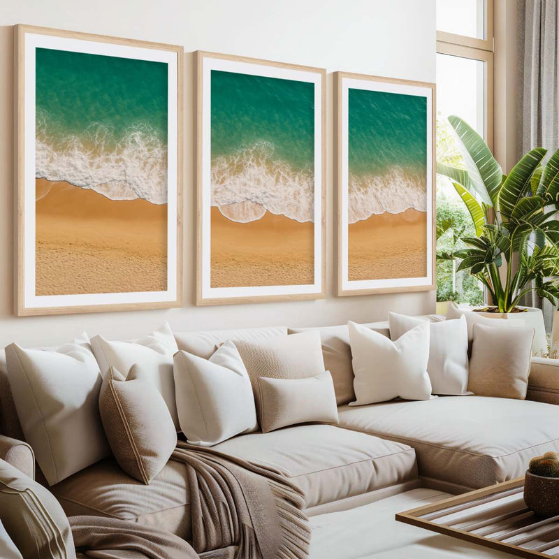 Coastal Wall Art Prints – Ocean Shoreline from Above- Natural Wood Framed Poster with White Border - Artworksets