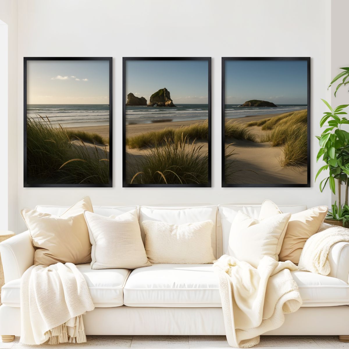 Coastal Wall Art – Ocean Grass Dunes and Rock Islands - Black Framed Poster No Border - Artworksets