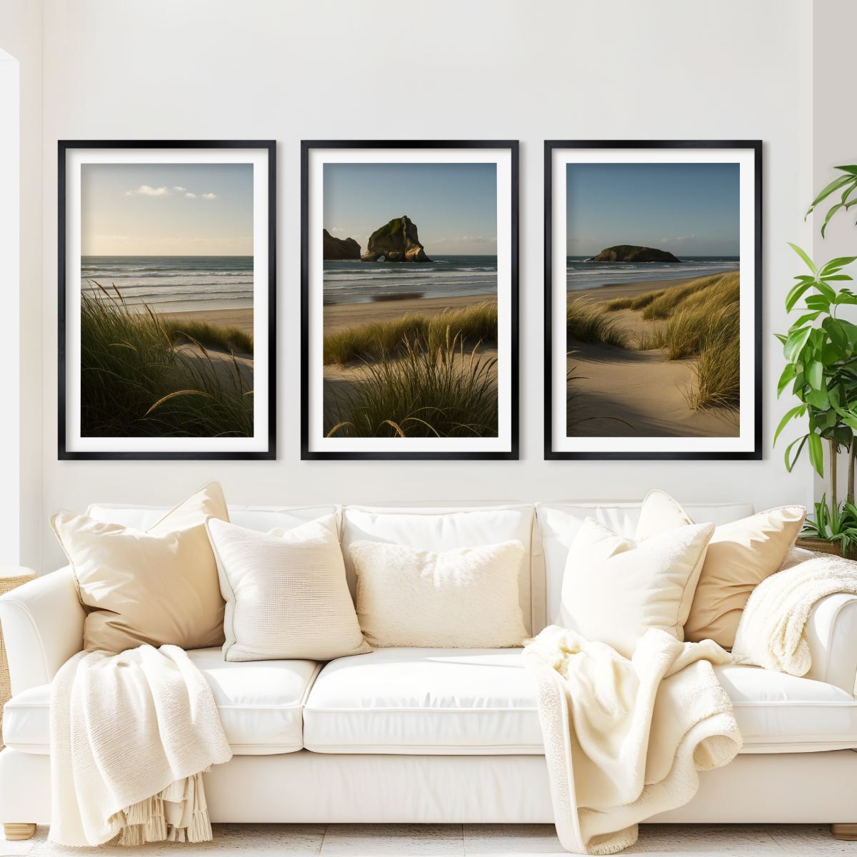 Coastal Wall Art – Ocean Grass Dunes and Rock Islands - Black Framed Poster with White Border - Artworksets