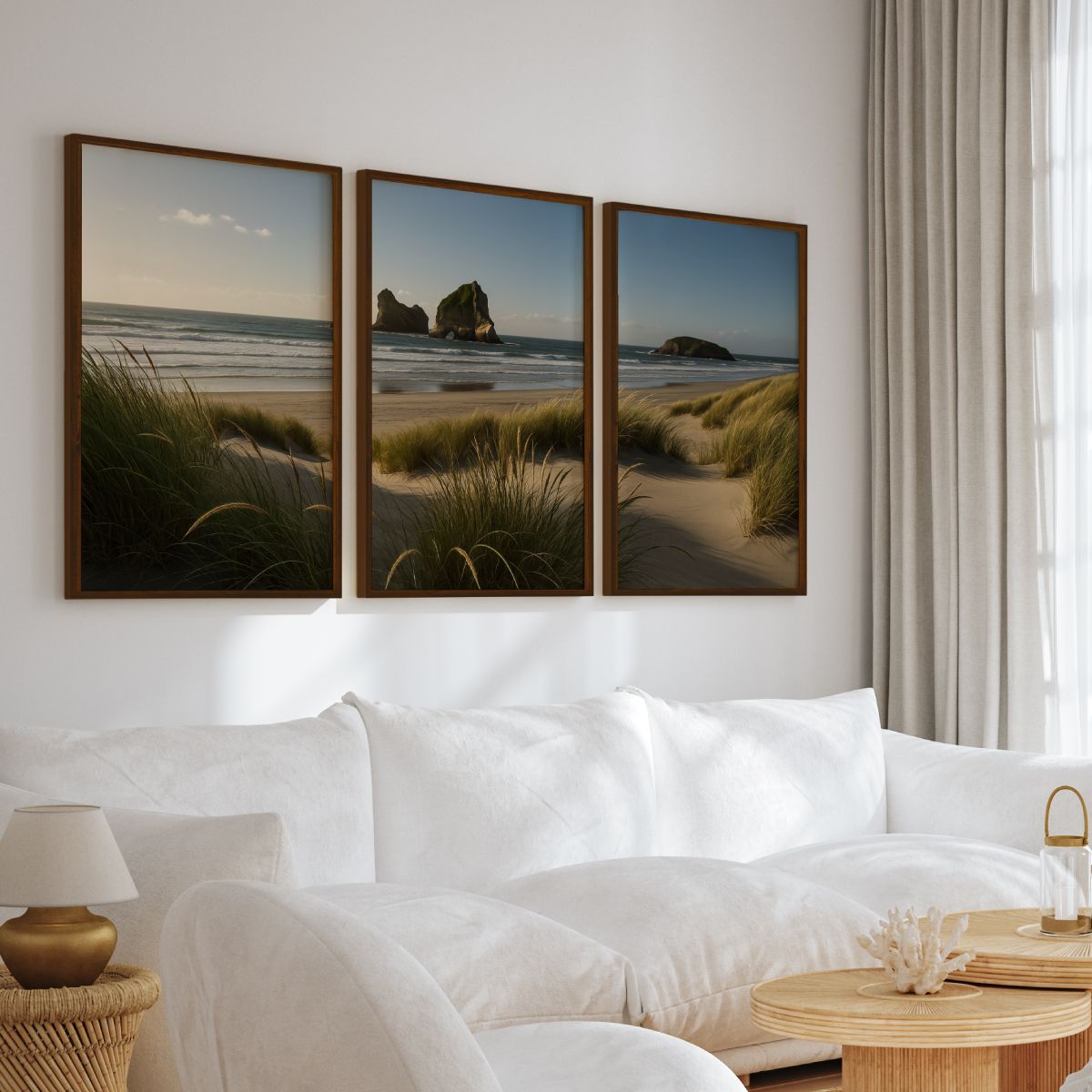 Coastal Wall Art – Ocean Grass Dunes and Rock Islands - Dark Brown Framed Poster No Border - Artworksets