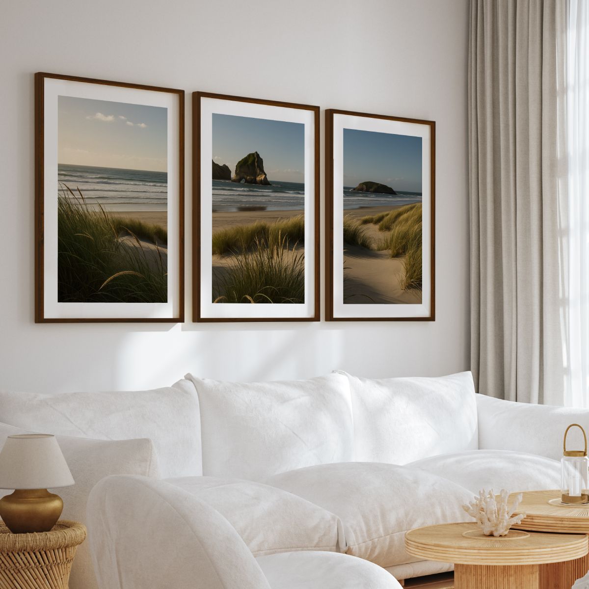Coastal Wall Art – Ocean Grass Dunes and Rock Islands - Dark Brown Framed Poster with White Border - Artworksets