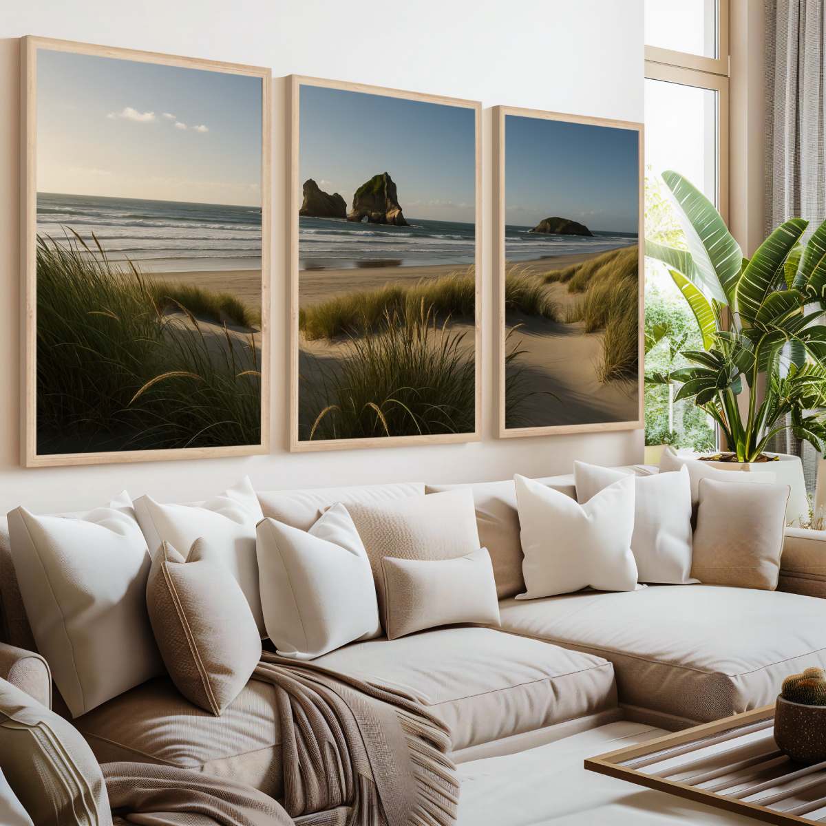 Coastal Wall Art – Ocean Grass Dunes and Rock Islands - Natural Wood Framed Poster No Border - Artworksets