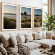 Coastal Wall Art – Ocean Grass Dunes and Rock Islands- Natural Wood Framed Poster with White Border - Artworksets