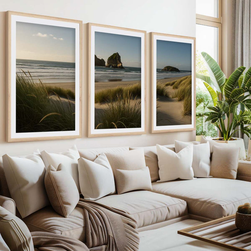 Coastal Wall Art – Ocean Grass Dunes and Rock Islands- Natural Wood Framed Poster with White Border - Artworksets