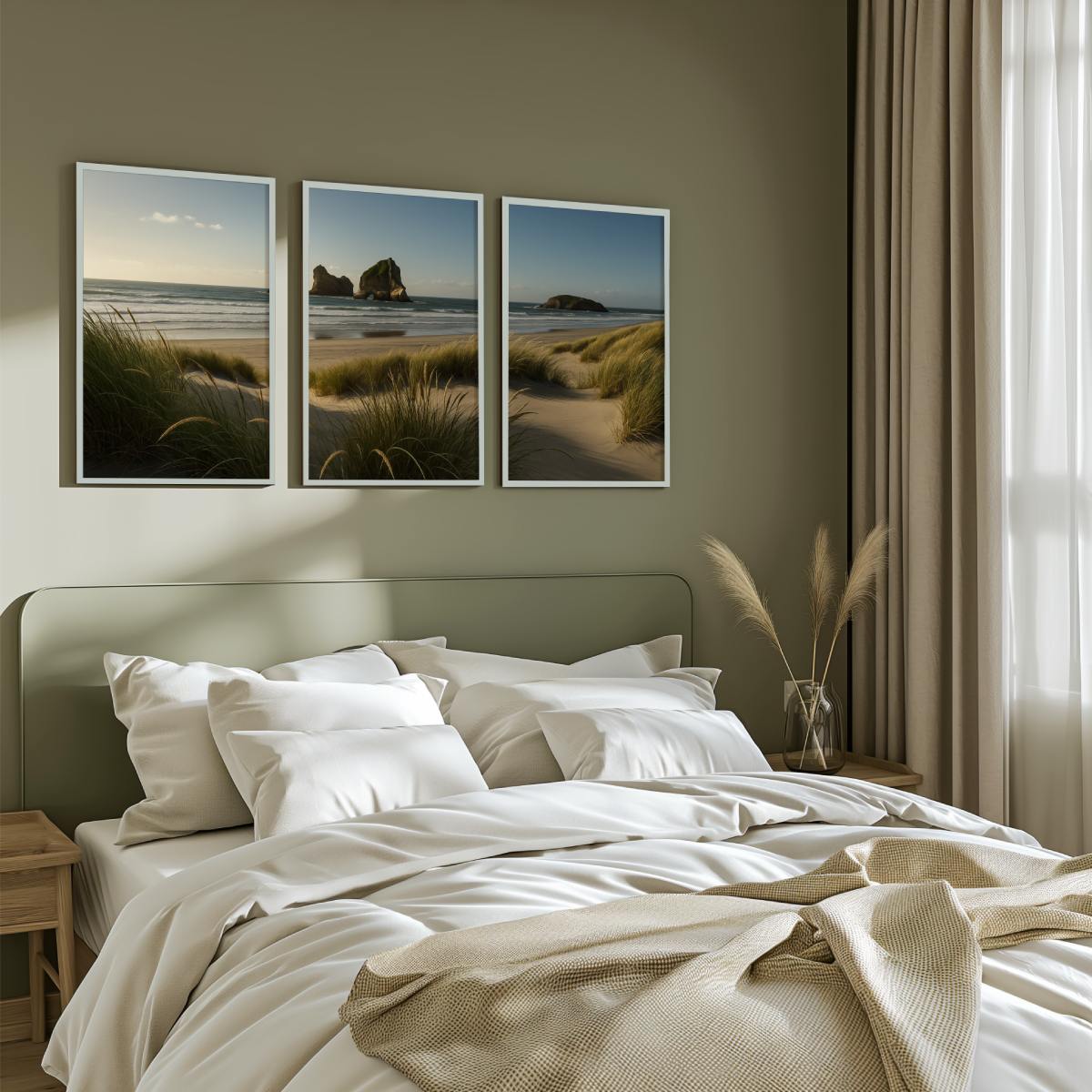 Coastal Wall Art – Ocean Grass Dunes and Rock Islands - White Framed Poster No Border - Artworksets