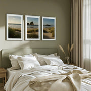Coastal Wall Art – Ocean Grass Dunes and Rock Islands - White Framed Poster with White Border - Artworksets