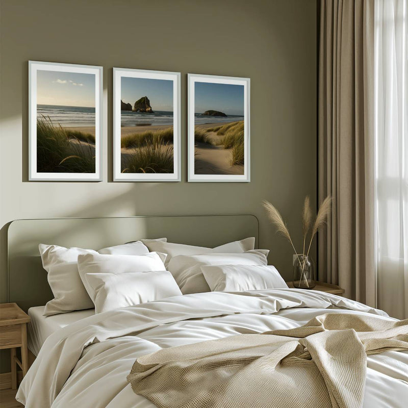 Coastal Wall Art – Ocean Grass Dunes and Rock Islands - White Framed Poster with White Border - Artworksets